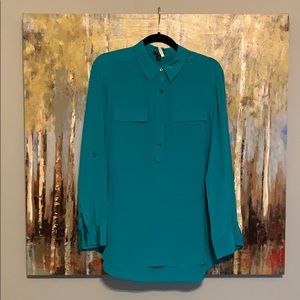 Sea green silk tunic blouse with roll-up sleeve